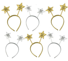Cargar imagen en el visor de la galería, 6 Diademas de "oro feliz año nuevo" color oro y plata estrella 6 unds Navidad