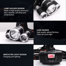 Cargar imagen en el visor de la galería, Linterna frontal Led 90 grados de cabeza con 4 modos T6/R5 3 piezas recargable