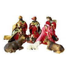 Cargar imagen en el visor de la galería, Nacimiento tela 9 piezas figurad natividad resina para pesebre de Navidad belen