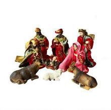 Cargar imagen en el visor de la galería, Nacimiento tela 9 piezas figurad natividad resina para pesebre de Navidad belen