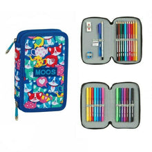 Cargar imagen en el visor de la galería, Plumier doble estuche escolar Moos con rotuladores boli 28 pcs portatodo 2 pisos