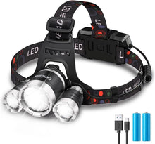 Cargar imagen en el visor de la galería, Linterna frontal Led 90 grados de cabeza con 4 modos T6/R5 3 piezas recargable
