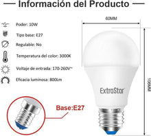 Cargar imagen en el visor de la galería, Pack 6 Bombillas LED 10W E27 800 lúmenes Casquillo Gordo, Luz Cálida, Frio