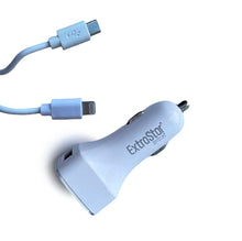 Cargar imagen en el visor de la galería, Cargador Coche con Doble Puertos y un Cable 2 en 1 Blanco USB apple y android