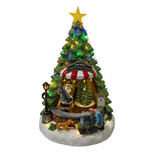 Cargar imagen en el visor de la galería, Escena Tienda Venta Abetos Con Luz 30 Led Música Movimiento 22x22x33 cm Navidad
