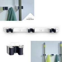 Cargar imagen en el visor de la galería, Colgador triple para escobas 3.2 x 35.5 cm blanco y gris con tornillos