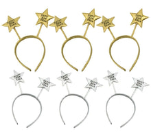 Cargar imagen en el visor de la galería, 6 Diademas de "oro feliz año nuevo" color oro y plata estrella 6 unds Navidad