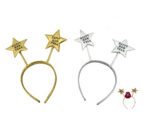 Cargar imagen en el visor de la galería, 6 Diademas de "oro feliz año nuevo" color oro y plata estrella 6 unds Navidad
