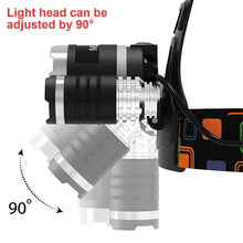 Cargar imagen en el visor de la galería, Linterna frontal Led 90 grados de cabeza con 4 modos T6/R5 3 piezas recargable