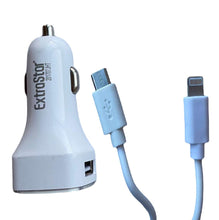 Cargar imagen en el visor de la galería, Cargador Coche con Doble Puertos y un Cable 2 en 1 Blanco USB apple y android