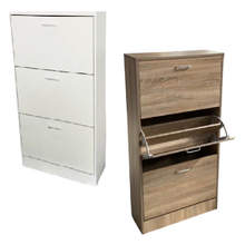 Cargar imagen en el visor de la galería, MUEBLE ZAPATERO DE 3 CAJONES BLANCO/ROBLE 63 x 24 x 120 cm para 18 pares zapatos