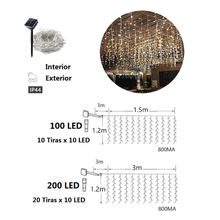 Cargar imagen en el visor de la galería, Cortina de Luces LED Solar con Cable Transparente 8 Funciones IP44 para Decoración de Navidad
