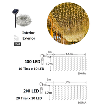 Cargar imagen en el visor de la galería, Cortina de Luces LED Solar con Cable Transparente 8 Funciones IP44 para Decoración de Navidad

