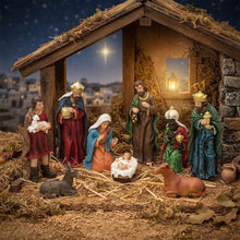 Cargar imagen en el visor de la galería, Set de Belén Nacimiento de Navidad en Resina – 9 Piezas, Misterio Tradiciona – Portal de Belén con Reyes Magos, Sagrada Familia, Pastor y Animales – Multicolor

