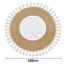 Cargar imagen en el visor de la galería, Alfombra Redonda de Yute Trenzado con Flecos y Centro Blanco | Decoración Boho Natural | 80 y 100 cm
