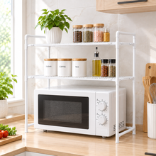 Cargar imagen en el visor de la galería, Estantería para Microondas Organizador de Cocina 2 y 3 Niveles con Ganchos - Soporte Encimera Multiusos Acero (Negro / Blanco)
