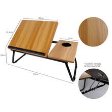 Cargar imagen en el visor de la galería, Mesita Multiuso Plegable de Madera – Escritorio Portátil para Cama o Sofá con Soporte Ajustable, Portavasos y Patas Plegables (55x32,5x25 cm)
