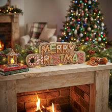 Cargar imagen en el visor de la galería, Letrero de Madera "Merry Christmas" 30x2x11 cm - Adorno Decorativo Navideño con Diseño Estilo Galleta de Jengibre
