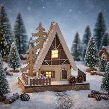Cargar imagen en el visor de la galería, Casita Nevada de Madera con Luz LED - Decoración Navideña para Pueblo, Figura Iluminada para Interior, Pilas Incluidas
