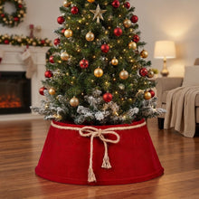 Cargar imagen en el visor de la galería, Falda para Árbol de Navidad Roja de Terciopelo 57x40x26 cm con Lazo de Yute y Cuerda Rústica
