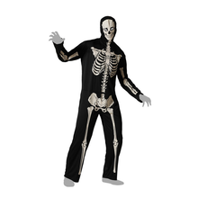 Cargar imagen en el visor de la galería, Disfraz Esqueleto masculino compuesto por mono negro con huesos luminosos y máscara anatómica para hombre adulto
