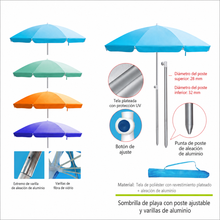 Cargar imagen en el visor de la galería, Sombrilla de Playa Inclinable Ajustable con Protección UV, Poste de Aluminio 28/32 mm, Varillas de Fibra de Vidrio, Incluye Bolsa de Transporte color Azar
