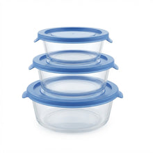 Cargar imagen en el visor de la galería, QUTTIN Set de 3 Fiambreras Hermética de Cristal con Tapa Azul | Táper de Vidrio Borosilicato | Apto para Microondas, Horno, Congelador y Lavavajillas | Rectangular, Cuadrada y Redonda
