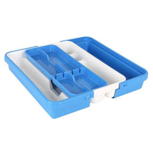 Cargar imagen en el visor de la galería, Porta cubiertos Extensible Plástico, Organizador Para Cubiertos, Cubertero triple Azul Blanco, Bandeja de cubiertos - Tontarelli
