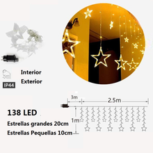 Cargar imagen en el visor de la galería, Cortina de Luz LED 138 LED 2.5 m – Estrellas / Estrellas con Copos de Nieve – 8 Funciones IP44 Interior y Exterior
