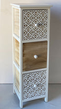 Cargar imagen en el visor de la galería, TENDANCE - Mueble Sinfonier Cajonera Madera Mdf y Paulownia Blanco color natural y blanco grabado decoración
