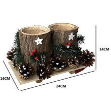 Cargar imagen en el visor de la galería, Portavelas Navideño Rústico de Madera con Piñas Nevadas, Bayas y Estrellas – Decoración Navideña Centro de Mesa para Hogar, 24x16x14 cm
