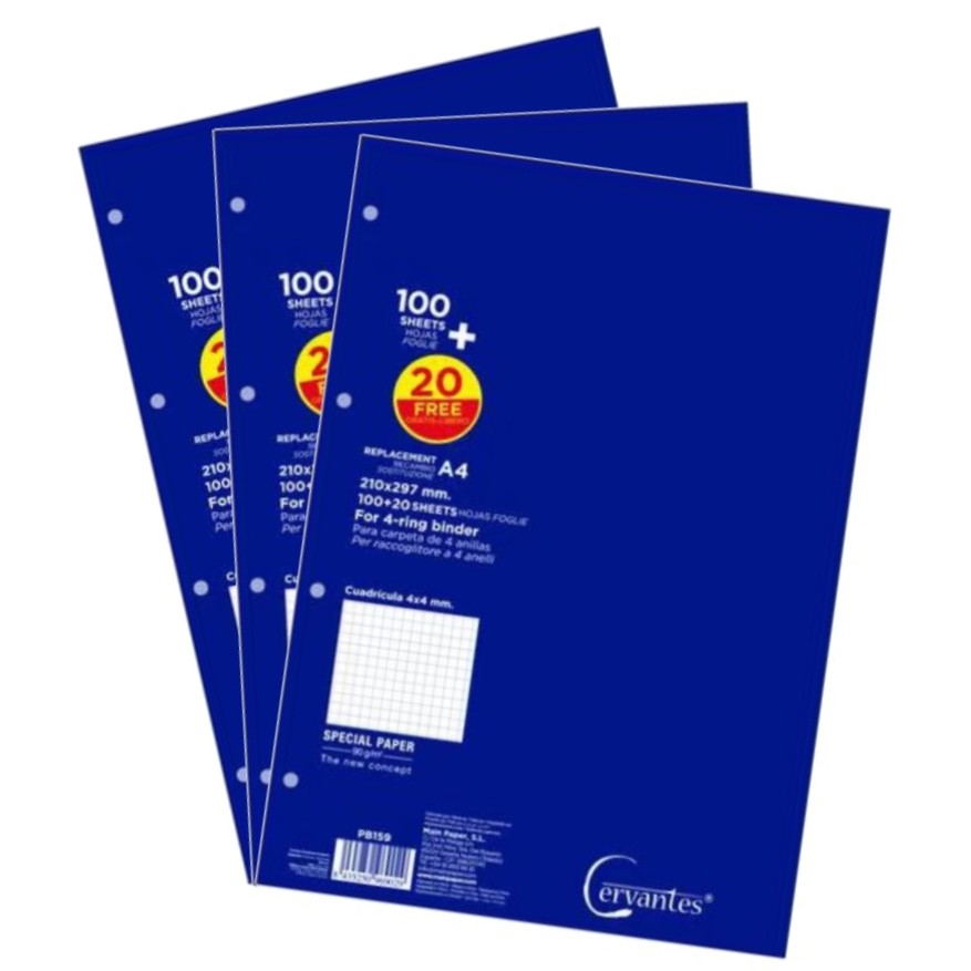 PACK 3 Recambios de Hojas A4 para Carpetas de 4 Anillas – 300+60 Hojas, Papel de 90 g/m², Cuadrícula 4 mm