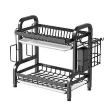 Cargar imagen en el visor de la galería, Escurreplatos de 2 Niveles con Bandejas Recogegotas, Escurridor de Platos para Encimera, Organizador de Cocina con Portacubiertos y Soporte para Tabla de Cortar, Negro, 43 × 24 × 40 cm
