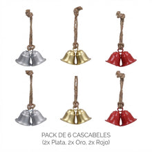 Cargar imagen en el visor de la galería, Pack 6 Campanas Cascabeles Navideños Colgantes Dobles con Cuerda de Yute - Adornos Rústicos para Árbol de Navidad y Decoración del Hogar
