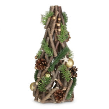 Cargar imagen en el visor de la galería, Árbol de Navidad Sobremesa de Troncos de Madera 30cm Decoración Navideña Rústica Centro de Mesa Ornamentos con Piñas y Bolas
