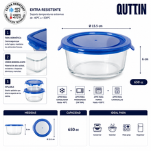 Cargar imagen en el visor de la galería, QUTTIN Fiambrera Hermética de Cristal con Tapa Azul | Táper de Vidrio Borosilicato | Apto para Microondas, Horno, Congelador y Lavavajillas | Rectangular, Cuadrada y Redonda | 300-1500 ml
