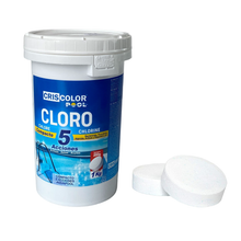 Cargar imagen en el visor de la galería, 5 Tablas de Cloro para piscina multiacción 1kg,  5 Pastillas de Cloro Multiacción (200 gr) - Tratamiento Completo 5 Acciones - Tratamiento Completo 5 EFECTOS - SIN COBRE
