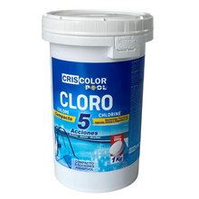 Cargar imagen en el visor de la galería, 5 Tablas de Cloro para piscina multiacción 1kg,  5 Pastillas de Cloro Multiacción (200 gr) - Tratamiento Completo 5 Acciones - Tratamiento Completo 5 EFECTOS - SIN COBRE
