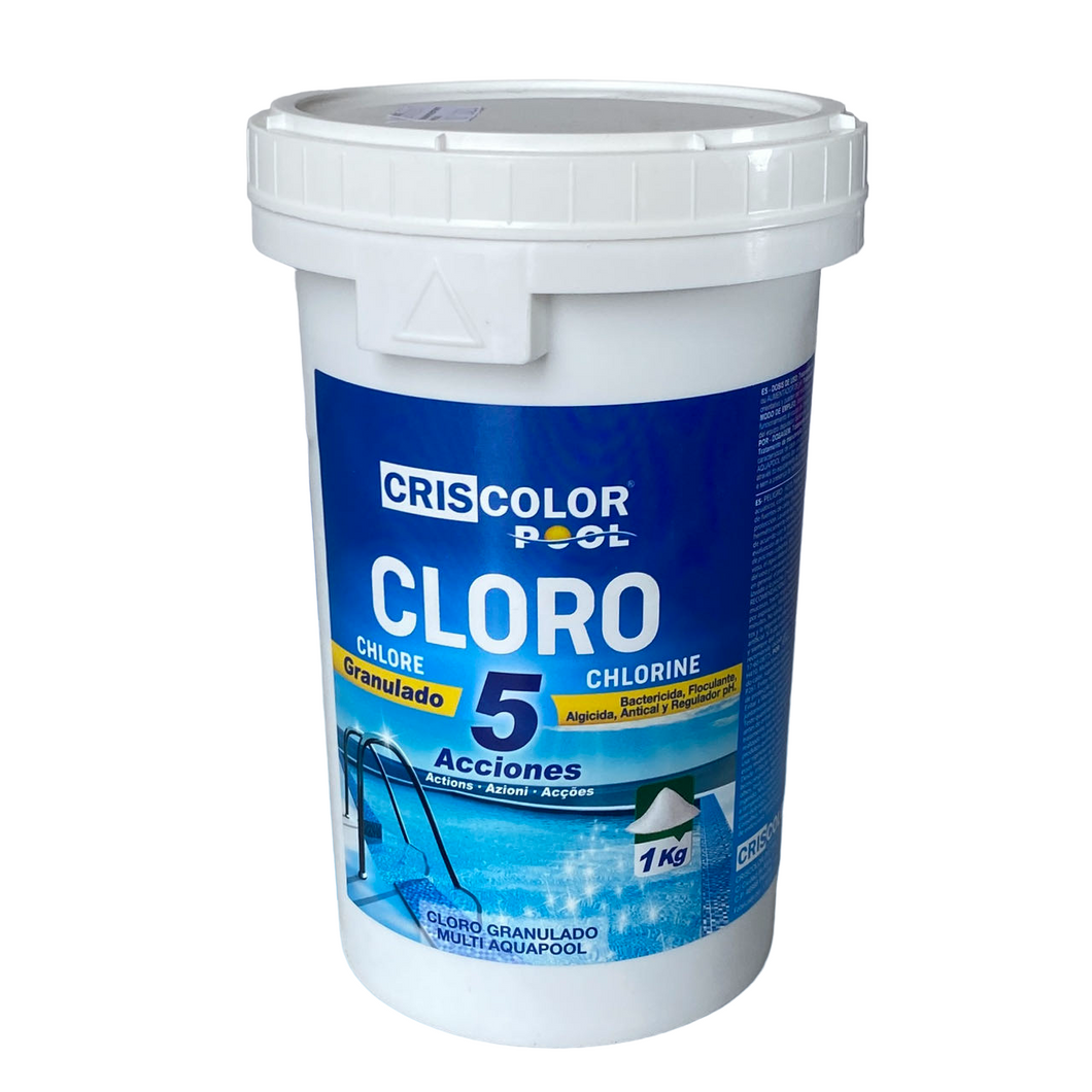 Cloro para piscina granulado 1kg. 5 acciones: Bactericida, floculante, algicida, antical y regulador PH.