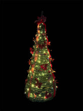 Cargar imagen en el visor de la galería, Árbol de Navidad Plegable con Luces LED Cálidas Decorado con Flores, Lazos y Bolas Dradas y Rojas para Interior y Exterior IP44 - Gerimport
