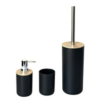 Cargar imagen en el visor de la galería, Juego de Accesorios para Baño de 3 Piezas - Set de Polipropileno y Bambú Natural - Incluye Dosificador de Jabón (320ml), Vaso y Escobilla de Baño - Diseño Nórdico Moderno - Blanco y Negro Mate
