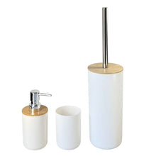 Cargar imagen en el visor de la galería, Juego de Accesorios para Baño de 3 Piezas - Set de Polipropileno y Bambú Natural - Incluye Dosificador de Jabón (320ml), Vaso y Escobilla de Baño - Diseño Nórdico Moderno - Blanco y Negro Mate

