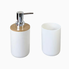 Cargar imagen en el visor de la galería, Juego de Accesorios para Baño de 3 Piezas - Set de Polipropileno y Bambú Natural - Incluye Dosificador de Jabón (320ml), Vaso y Escobilla de Baño - Diseño Nórdico Moderno - Blanco y Negro Mate
