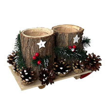 Cargar imagen en el visor de la galería, Portavelas Navideño Rústico de Madera con Piñas Nevadas, Bayas y Estrellas – Decoración Navideña Centro de Mesa para Hogar, 24x16x14 cm
