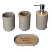 Cargar imagen en el visor de la galería, Juego de Accesorios de Baño 4 Piezas de Plástico y Bambú – Vaso Portacepillos, Dispensador de Jabón, Jabonera y Vaso Organizador - Maxia Market

