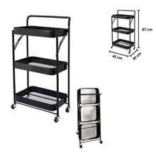 Cargar imagen en el visor de la galería, Carrito de Almacenamiento Multifuncional de Metal Plegable con 3 Niveles y Ruedas – Blanco o Negro
