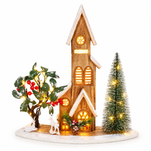 Cargar imagen en el visor de la galería, Casa de Madera Navideña con 25 Luces LED Cálidas (41.5x9x42.5 cm) - Escena Decorativa de Navidad en Madera con Renos y Árboles, Adorno para Mesa o Chimenea (5 Modelos Surtidos - Envío Aleatorio)
