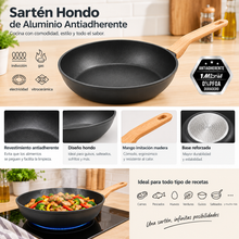 Cargar imagen en el visor de la galería, Sartén Hondo de Aluminio Antiadherente con Mango Imitación Madera – Apto para Inducción

