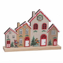 Cargar imagen en el visor de la galería, Casa de Madera Navideña con Luz LED, Decoración de Navidad de Pueblo con Niños y Abetos, 25x4.5x18 cm, Modelo Surtido (1 Unidad)

