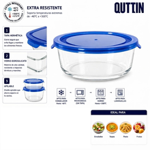Cargar imagen en el visor de la galería, QUTTIN Set de 3 Fiambreras Hermética de Cristal con Tapa Azul | Táper de Vidrio Borosilicato | Apto para Microondas, Horno, Congelador y Lavavajillas | Rectangular, Cuadrada y Redonda
